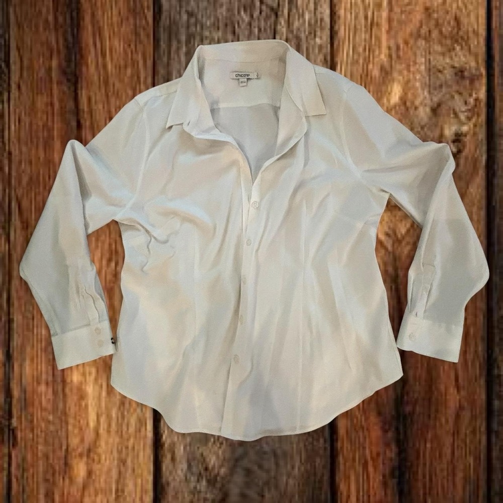 Chicos Womens Size 3 XL White Stretch Button Down Shirt Long Sleeve Blouse